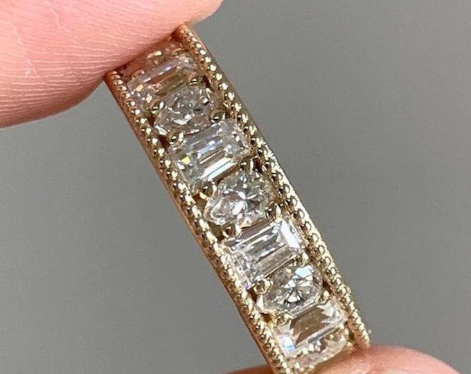 Pear And Emerald Cut Moissanite Band, Half Eternity Wedding Band, Art Deco Anniversary Band, Shared Prong Minimalist Stacking Band Gift Band
