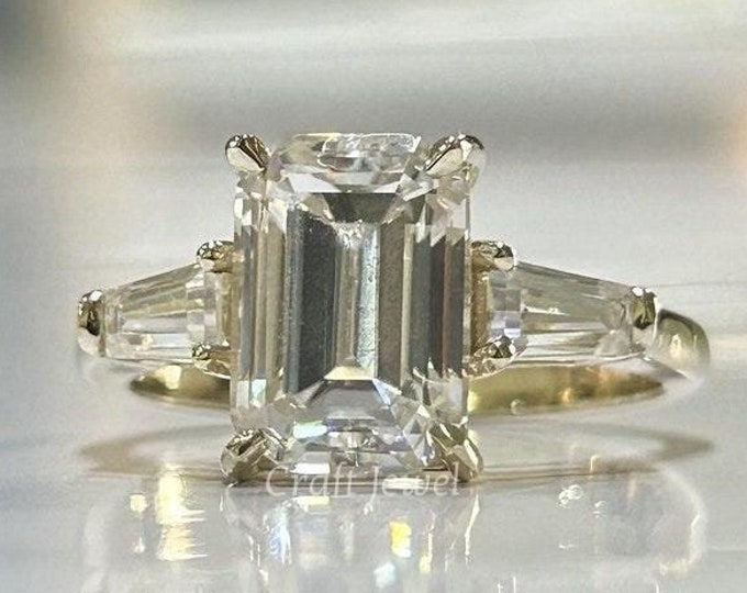 1.5CT Emerald Cut Moissanite Engagement Ring Three Stone Moissanite Anniversary Ring Baguette Cut Side Stone Moissanite Wedding Ring For Her