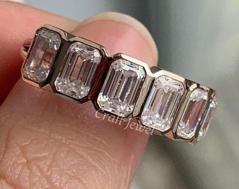 1.50 TCW Emerald Cut Colorless Moissanite Bezel Set Ring, Six Stone Bezel Set Moissanite Engagement Ring, Anniversary Ring Gifts.