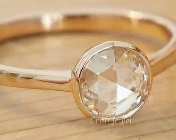 Bezel Set Engagement Ring, 1 CT Round Rose Cut Moissanite\Lab Grown Anniversary Ring For Wife, Classic Solitaire Dainty Promise Gift Ring