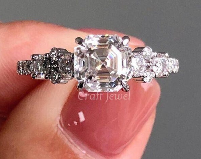 Asscher Moissanite Ring, Vintage Stye Asscher Cut Moissanite Engagement Ring, Cluster Art Deco Wedding Bridal Ring, Anniversary Gift Ring