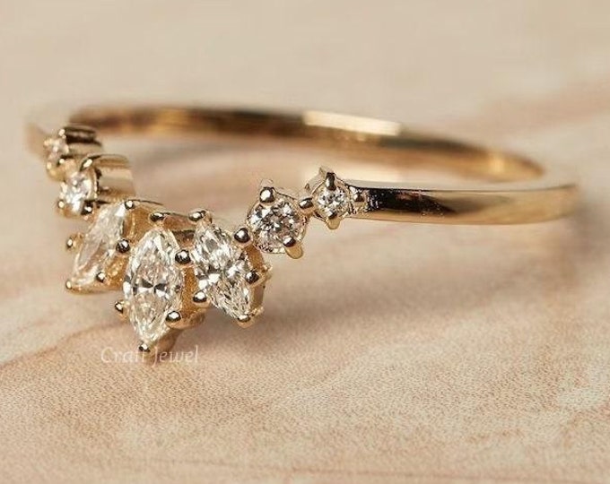 Marquise & Round Cut Moissanite Wedding Band, The Nesting Anniversary  Band, Curved Stackable Proposal Band, Unique Matching Band For Her