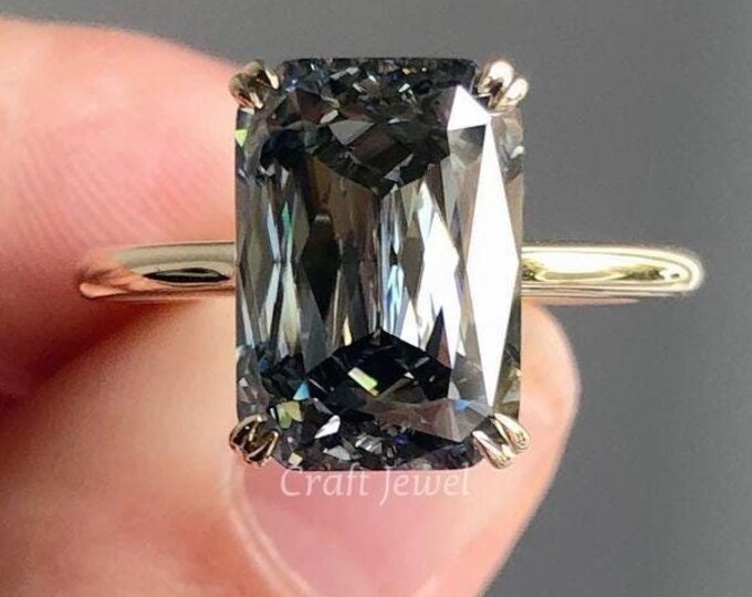 Deep Dark Grey Color Criss Cut Moissanite Diamond Solitaire Ring, 10.50 CT Emerald Cut Engagement Ring, Hidden Halo Double Claw Prong Ring