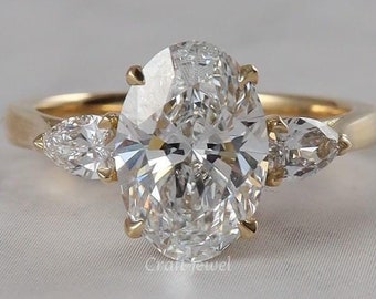 Oval Cut Side Pear Moissanite Engagement Ring, Clow Prong Moissanite Ring, Tappered Shank Three Stone Ring, Annivarsary Ring Gift Ring.