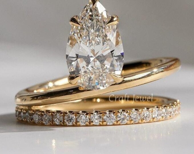 2 Ct Pear Cut Moissanite Engagement Ring, Dual Shank Ring, Micro Pave Band Ring, 14K Solid Yellow Gold Ring, Weeding Ring, Anniversary Gift