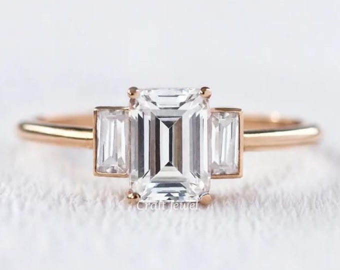 1 CT Emerald Cut Moissanite Engagement Ring, Three Stone Wedding Ring, Side Baguette Diamond Anniversary Gift Ring, Unique Ring For Her