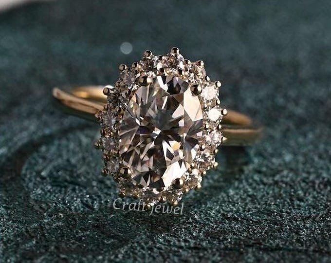 Oval lab Grown Diamond Ring, IGI Certified 2 Ct Oval Cut Ring with Round Halo Setting, Claw prong lab Grown Diamond Ring