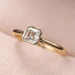 Bezel Set Asscher Cut Solitaire Moissanite Engagement Ring, 14K Solid Gold Dainty Moissanite Ring Asscher Cut Solitaire Promise Ring For Her