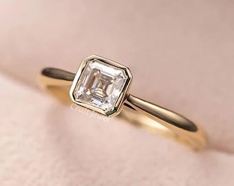 Bezel Set Asscher Cut Solitaire Moissanite Engagement Ring, 14K Solid Gold Dainty Moissanite Ring Asscher Cut Solitaire Promise Ring For Her