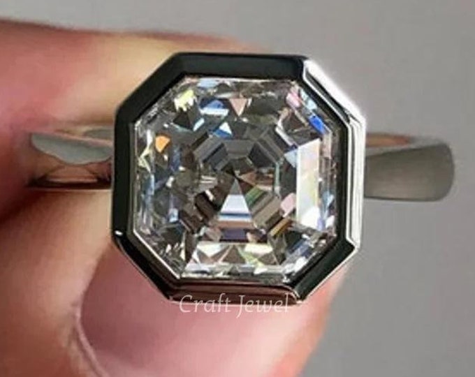 Bezel Set 4 CT Asscher Cut Moissanite Engagement Ring, Asscher Cut Ring, Moissanite Engagement Ring, Bezel Set Hidden Halo Anniversary Ring