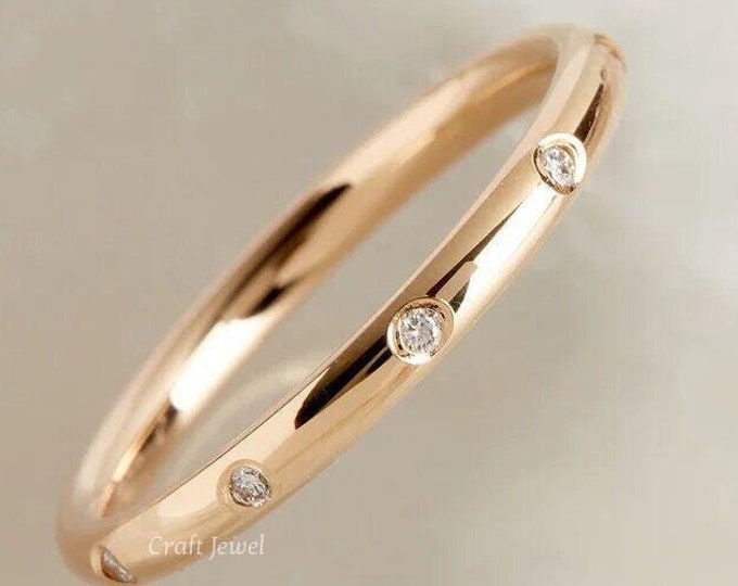 0.20 TCW Moissanite Diamond Full Eternity Ring, Flush Mount Staggered Wedding Band, 14K Solid Gold Round Cut Moissanite Band, Stackable Band