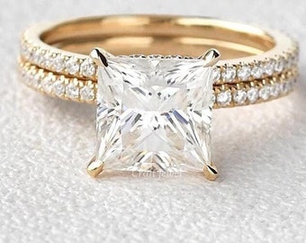 Princess Cut Moissanite Wedding Ring Set, 2.50 CT Square Cut  Hidden Halo Bridal Ring Set, Solitaire Accent Engagement Ring For Women