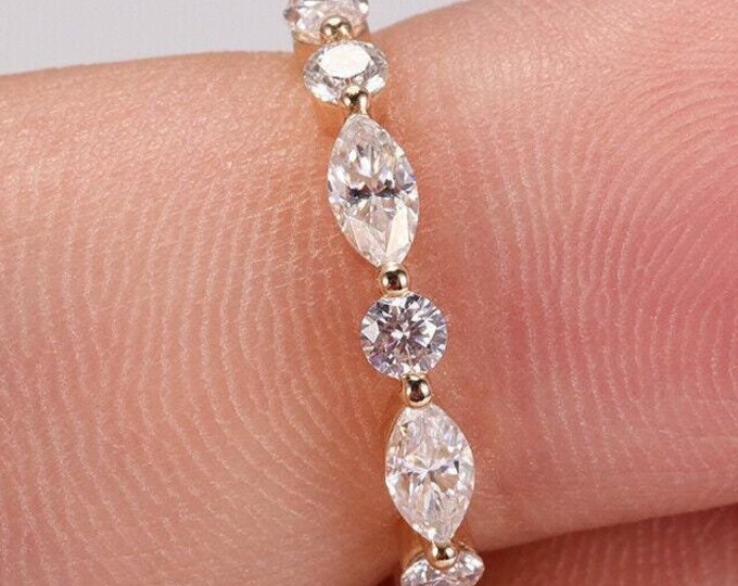 Half Eternity Wedding Band, Marquise And Round Cut Colorless Moissanite Band, Alternative Diamond Wedding Band, Anniversary Gift For Women