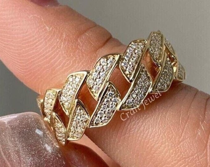 Round Cut Moissanite Chain Ring, Unique Eternity Wedding Ring, Mens Chunky Chain Ring, Dainty Anniversary Gift Ring For Men, Cuban Link Ring