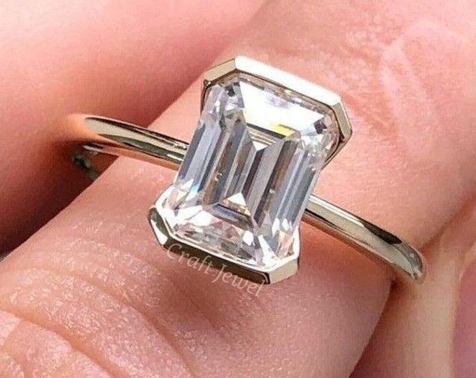 Half Bezel Set Wedding Ring, 14K Solid Yellow Gold Ring, 2 CT Emerald Cut Moissanite/Lab Grown Engagement Ring, Emerald Cut Solitaire Ring
