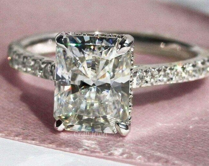 Radiant Cut Hidden Halo Moissanite Ring, Colorless Moissanite Radiant Diamond Engagement Ring Solitaire With Accent Anniversary Ring For Her