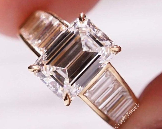 3.00 CT Emerald Cut Moissanite Engagement Ring, Channel Set with Trapped Baguette, wedding & anniversary gift