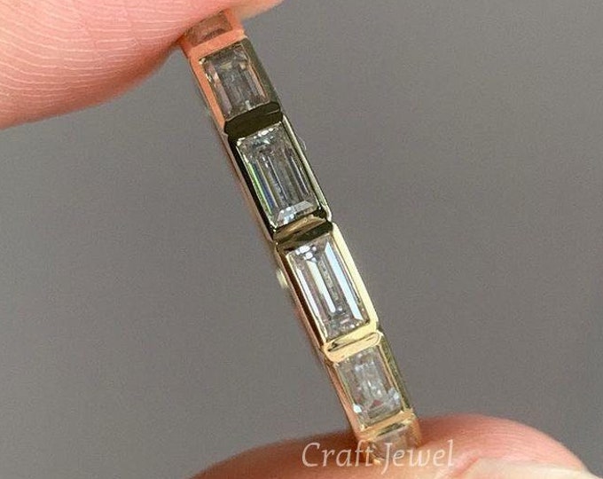 Baguette Cut 1.43 TCW Colorless Moissanite Wedding Band Stackable Bezel Set Anniversary Band Daily Wear Full Eternity Band Gift For Her