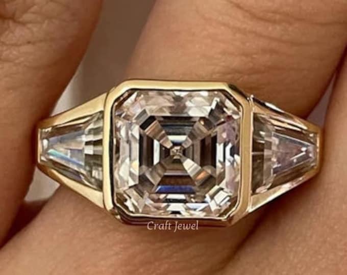 2 CT Asscher Cut Moissanite Engagement Ring, Three Stone Bezel Set Wedding Bridal Ring, Asscher And Tapper Stone Gold Anniversary Gift Ring