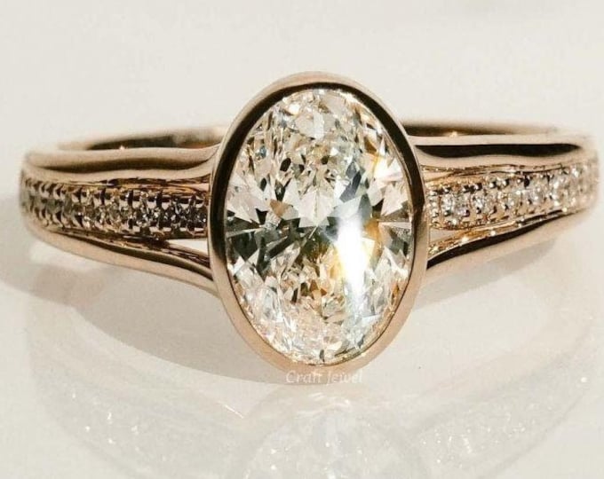 3.5 CT Oval Moissanite Solitaire Engagement Ring with Accent Stones With Full Bezel and Split Shank Design, Perfect Valentine’s Gift