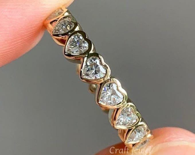 3 TCW Heart Cut Colorless Moissanite Wedding Band Unique Full Eternity Dainty Stackable Band Simple Bezel Set Anniversary Band Gift For Her
