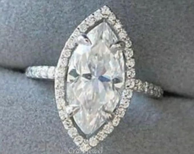 2 CT Marquise Cut Moissanite Engagement Ring, Halo Wedding Ring, Anniversary Gift Ring for Women Promise Ring, Marquise Cut Ring Pave Ring