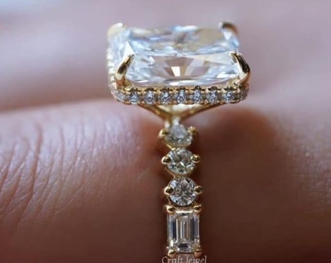 3.00 CT Radiant Moissanite Engagement Ring with Hidden Halo, Side Round and Baguette Cut Solitaire Wedding Band, Precious for gift.