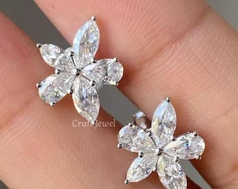 2.50 TCW Moissanite Diamond Earrings, Marquise And Pear Cut Floral Style Wedding Earrings, Cluster Push Back Earrings, Star Stud Earring