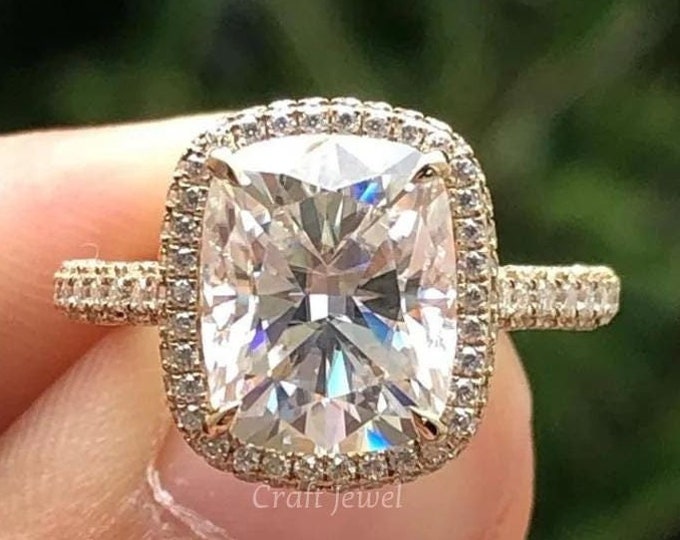 Elongated Cushion Cut Moissanite Engagement Ring, Elongated Cushion 14k Yellow Gold Wedding Ring, Micro Pave Set Halo With Hidden Halo Ring