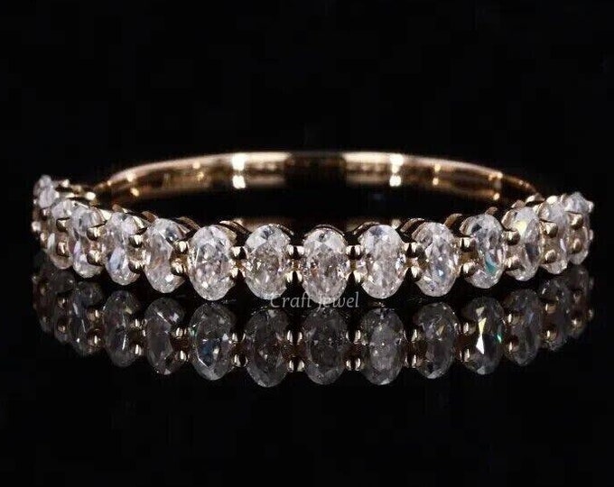Oval Cut Moissanite Wedding Band, Unique Half Eternity Anniversary Band, Bubble Prong Stacking Proposal Band, Matching Promise Band For Her