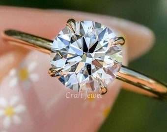 Round Engagement Ring in 14k Solid Gold, 2 CT Moissanite Engagement Rings, 4-Prong Solitaire Moissanite Ring Gold Promise Ring, Wedding Ring