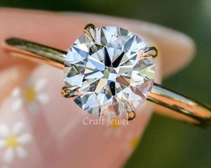 Round Engagement Ring in 14k Solid Gold, 2 CT Moissanite Engagement Rings, 4-Prong Solitaire Moissanite Ring Gold Promise Ring, Wedding Ring