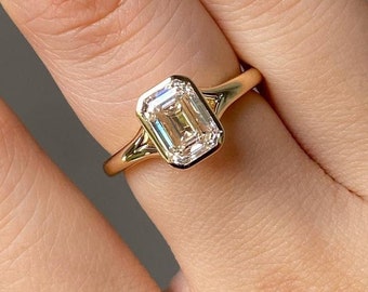 Emerald Cut Moissanite Bezel Set Engagement Ring, 3.50 CT Emerald Cut Bezel Set Solitaire Wedding Ring, Split Shank Style Promise Ring