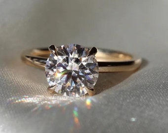 2 CT Round Moissanite Ring, Round Engagement Ring, 14k Solid Gold Promise Ring, Round Solitaire Flower Ring, Anniversary Ring For Her