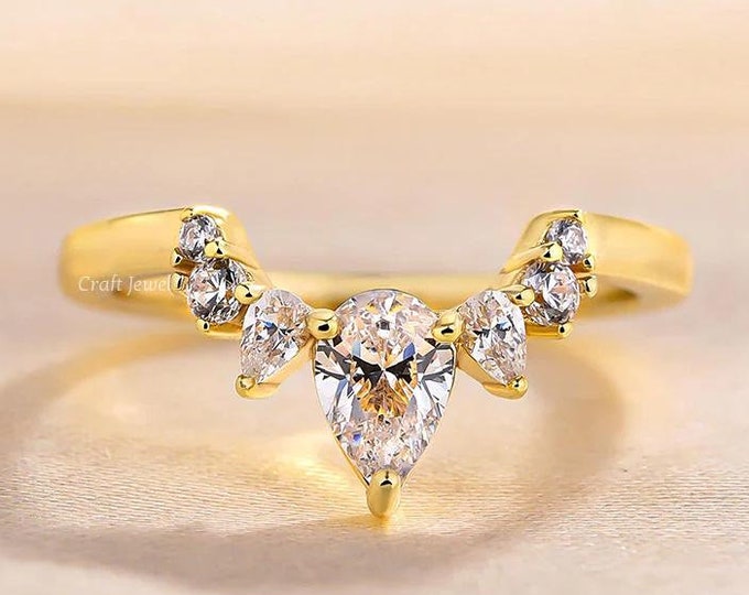 Pear shape Outline Curved Wedding Band, Pear Cut Colorless Moissanite Band Stackable Half Eternity Band Moissanite Wedding Band Promise Band