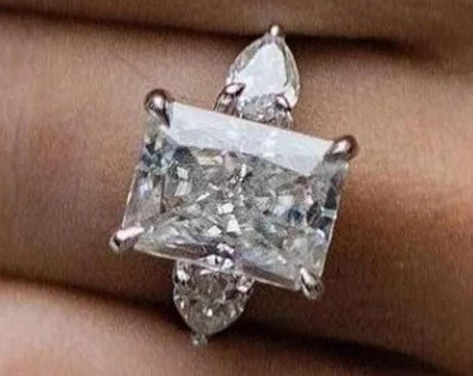 Radiant Cut Moissanite Engagement Ring, Three Stone Wedding Ring, Hidden Halo Anniversary Ring Side Pear Cut Proposal Ring For Her