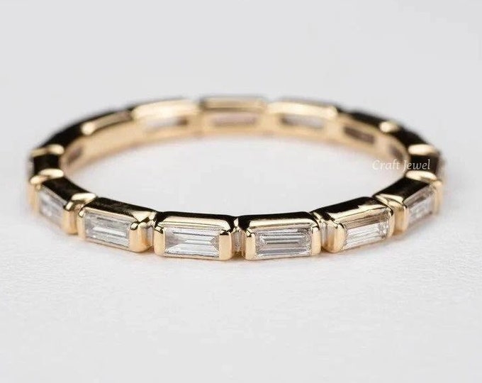 Baguette Full Eternity Band, Minimalist Moissanite Band Bar Style Baguette Ring Stacking Wedding Band, Bridesmaid Gift Daily Wear Ring Gifts