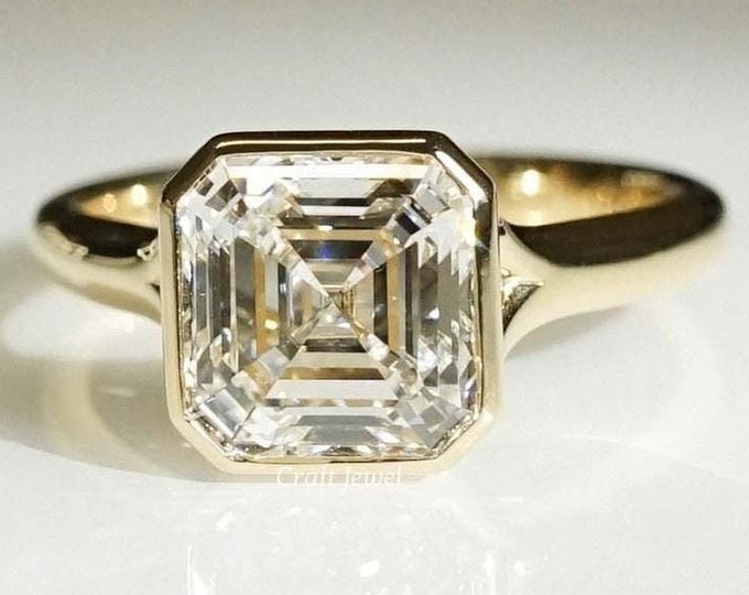 3 Carat Asscher Cut Moissanite Engagement Ring, Solitaire with Signature Bezel Setting, Split Cathedral Shank Wedding or Anniversary Ring