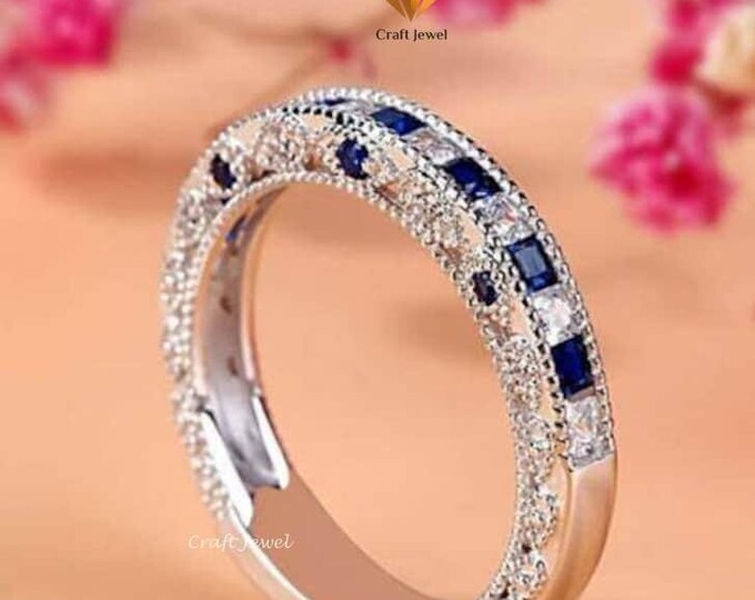 Princess Cut Moissanite Wedding Band, Blue Sapphire Moissanite Anniversary Band, Vintage Style Art Deco Stackable Promise Band, Gift For Her