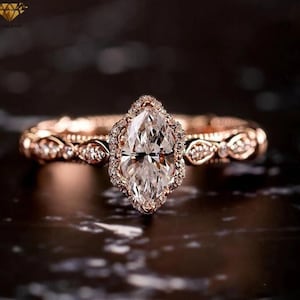 Vintage 1 CT Marquise Cut Moissanite Engagement Ring, Vintage Filigree Style Art Deco Wedding Ring, Marquise Promise Ring For Girlfriend