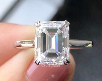 3 CT Emerald Cut Moissanite Engagement Ring, Solitaire Wedding Ring, Double Claw Prong Diamond Ring, Stackable Anniversary Ring For Her