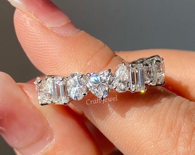 Multi Shaped Moissanite Full Eternity Band, Unique Mix Shape Cluster Wedding Band For Women, Beautiful Vintage Anniversary Band Gift For Her
