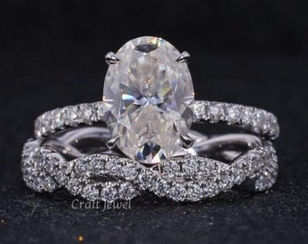 Vintage Style Moissanite Bridal Ring Set, Oval Cut Moissanite Hidden Halo Engagement Ring With Twisted Wedding Band, Art Deco Twisted Ring