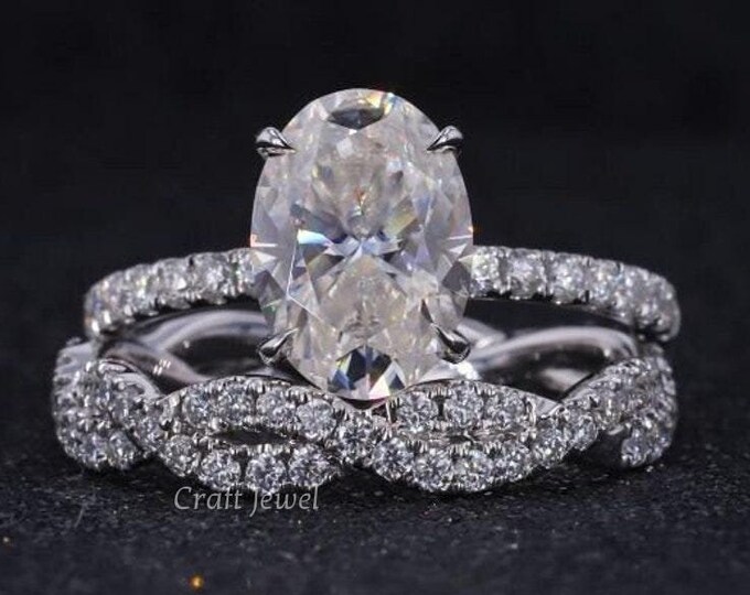 Vintage Style Moissanite Bridal Ring Set, Oval Cut Moissanite Hidden Halo Engagement Ring With Twisted Wedding Band, Art Deco Twisted Ring