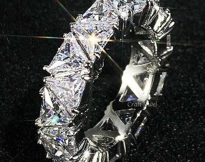 4.50 TCW Triangle Cut Colorless Moissanite Wedding Band Art Deco Trilliant Moissanite Anniversary Band Full Eternity Promise Band For Her