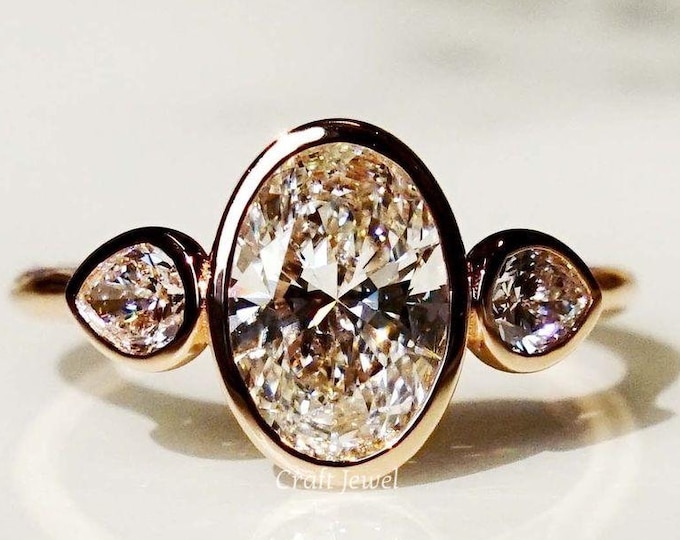 Oval Cut Bezel Set 3 CT Moissanite Engagement Wedding Ring Three Stone Anniversary Ring Side Pear Stone Promise Ring Forever Classic Gift