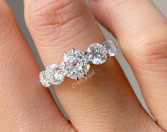 Old European Cut Five Stone Moissanite Ring, Five Stone Round Cut Moissanite Engagement Ring, Unique Prong Set Anniversary Ring Gift For Her