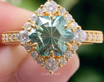 Green Hexagon Cut Moissanite Alexandrite Engagement Ring Halo Art Deco Wedding Bridal Ring Unique Halo Vintage Proposal Ring Gift For Her