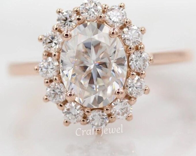 Oval Cut Moissanite Engagement Ring With Side Starburst Halo Of Round, Oval Diamond Wedding Ring, Oval Cut Moissanite Ring, Anniversary Ring