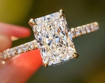 Hidden Halo Radiant Cut Moissanite Engagement Ring, 3 CT Radiant Diamond Wedding Ring, Solitaire Gold Anniversary Gift, Gold Jewelry